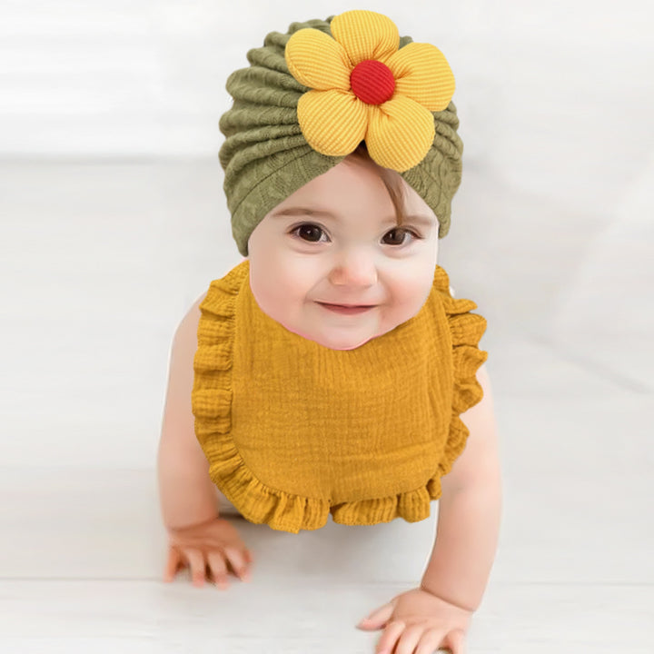 Newborn Muslin Baby Hat And Drool Bib Set With Frill Trim