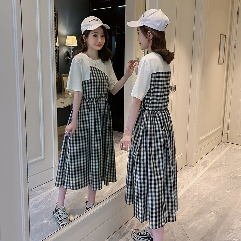 Plaid Stitching Maternity Dress for Comfortable Pregnancy Wear