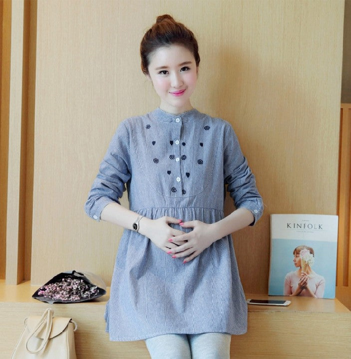 Stand Collar Striped Embroidered Maternity Top Dress