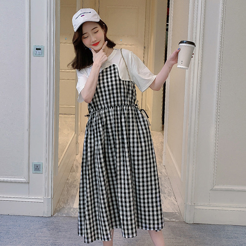 Plaid Stitching Maternity Dress for Comfortable Pregnancy Wear