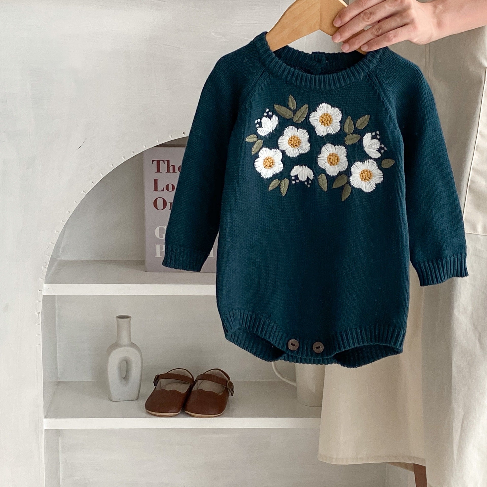 Baby Girl Dark Green Embroidered Long Sleeve Romper Bodysuit