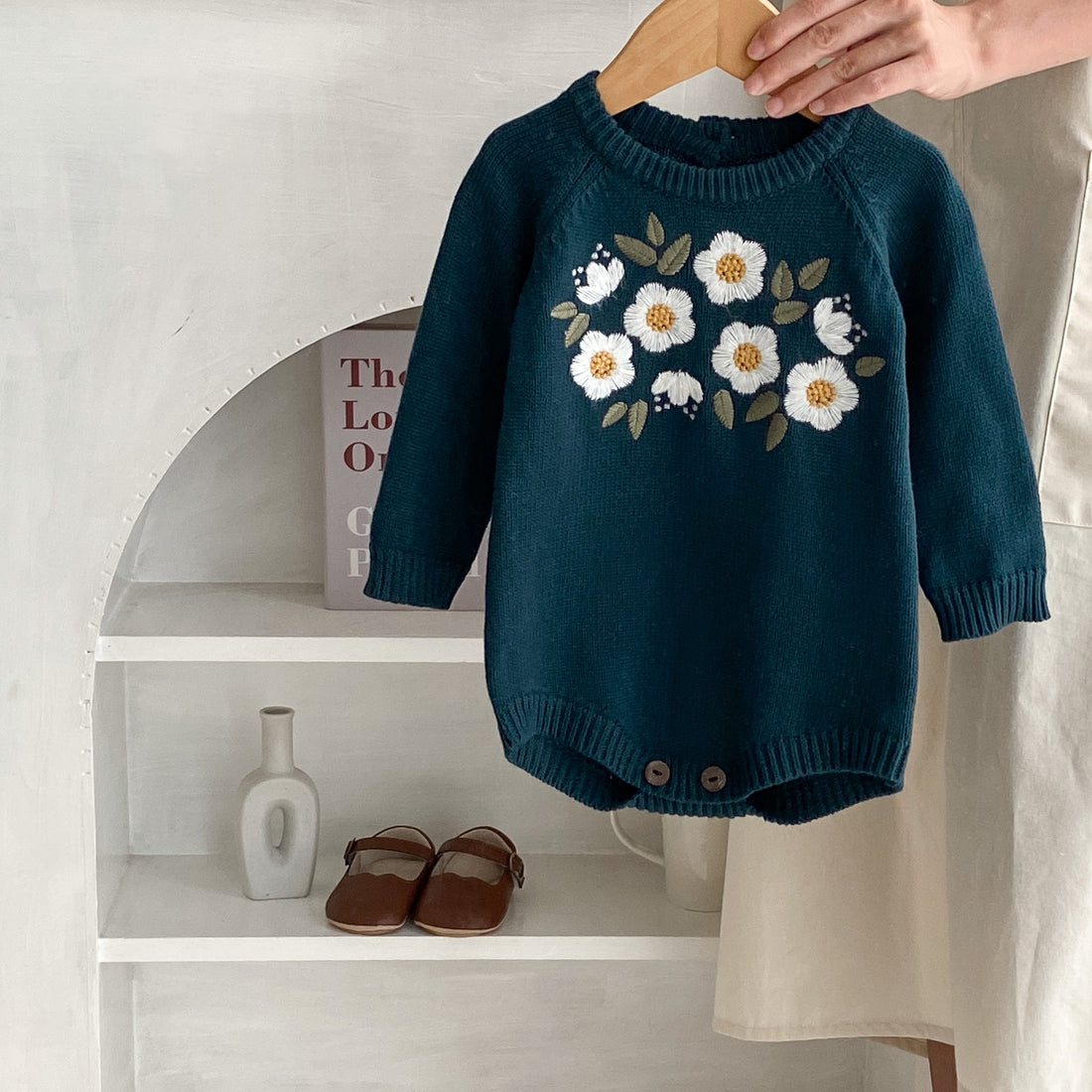 Baby Girl Dark Green Embroidered Long Sleeve Romper Bodysuit