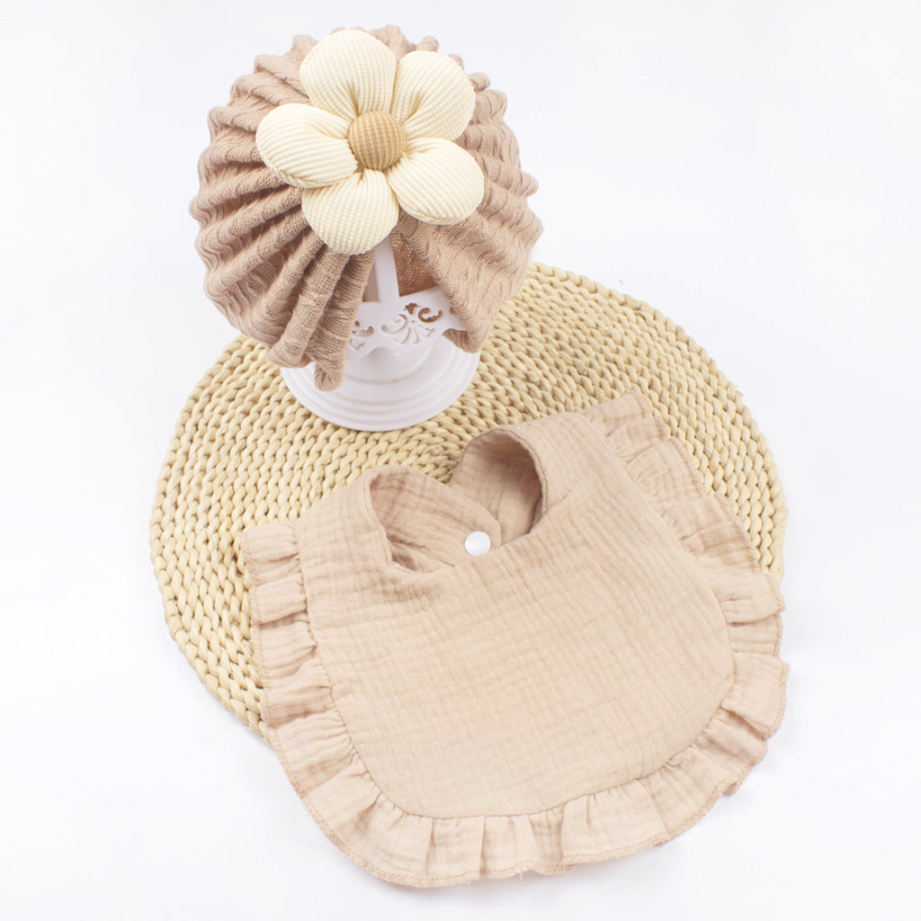 Newborn Muslin Baby Hat And Drool Bib Set With Frill Trim