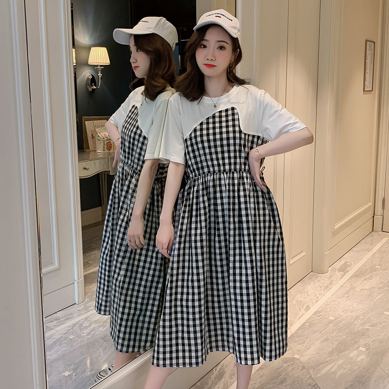 Plaid Stitching Maternity Dress for Comfortable Pregnancy Wear