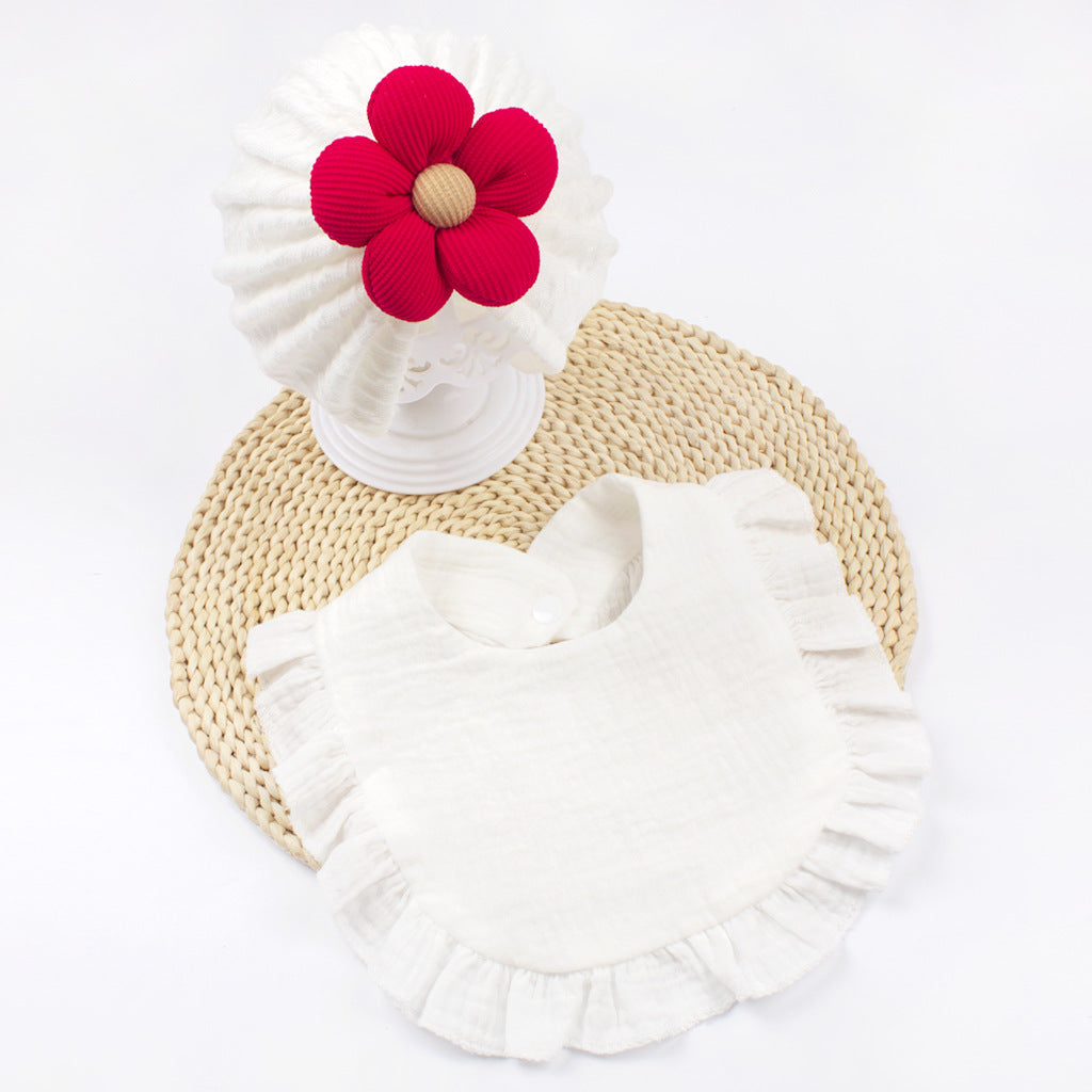 Newborn Muslin Baby Hat And Drool Bib Set With Frill Trim