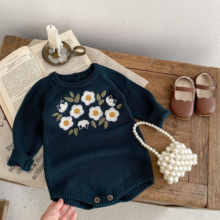 Baby Girl Dark Green Embroidered Long Sleeve Romper Bodysuit