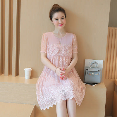 Summer Korean Lace Crochet Maternity Shirt Dress for Pregnant Women