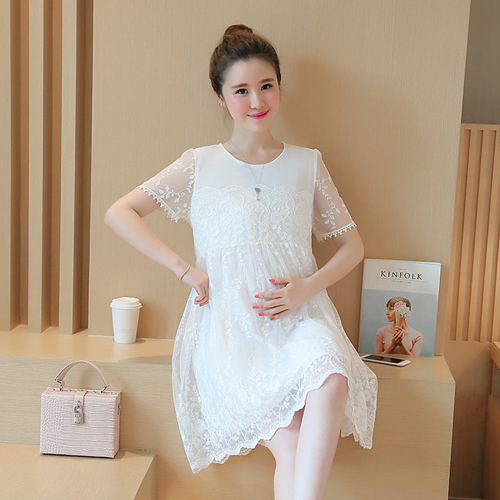 Summer Korean Lace Crochet Maternity Shirt Dress for Pregnant Women