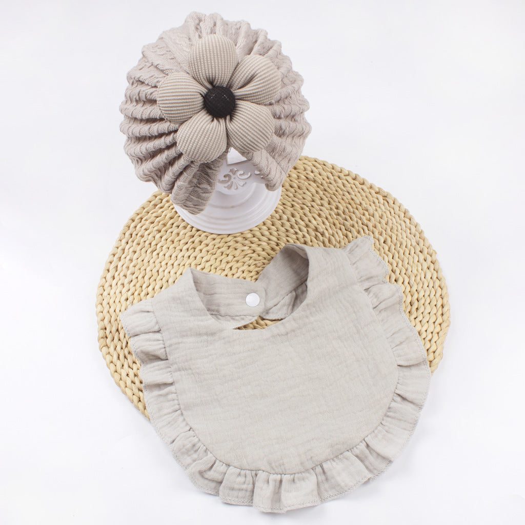 Newborn Muslin Baby Hat And Drool Bib Set With Frill Trim