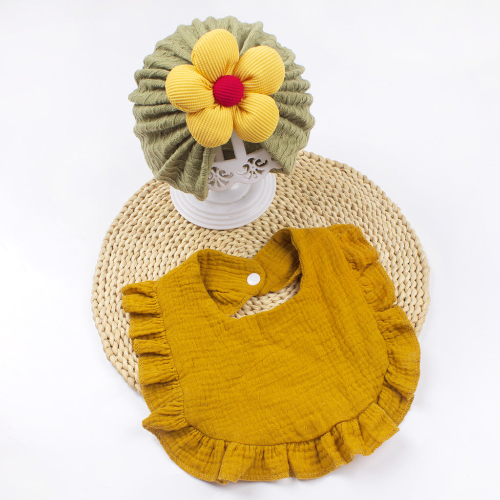 Newborn Muslin Baby Hat And Drool Bib Set With Frill Trim