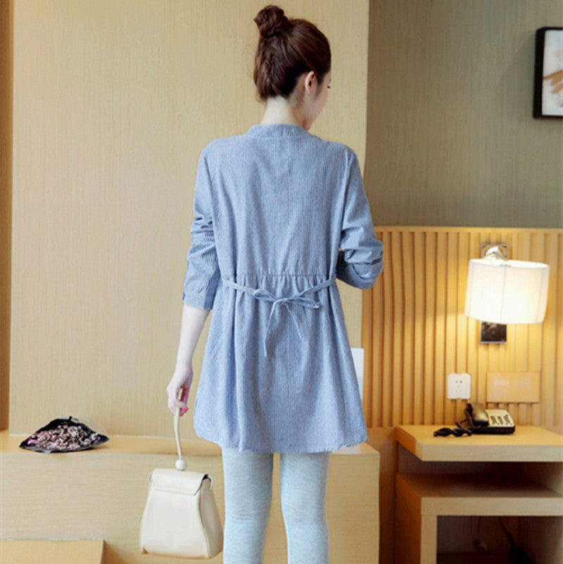 Stand Collar Striped Embroidered Maternity Top Dress