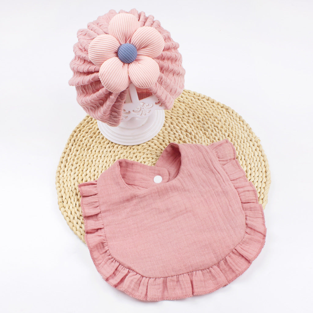 Newborn Muslin Baby Hat And Drool Bib Set With Frill Trim