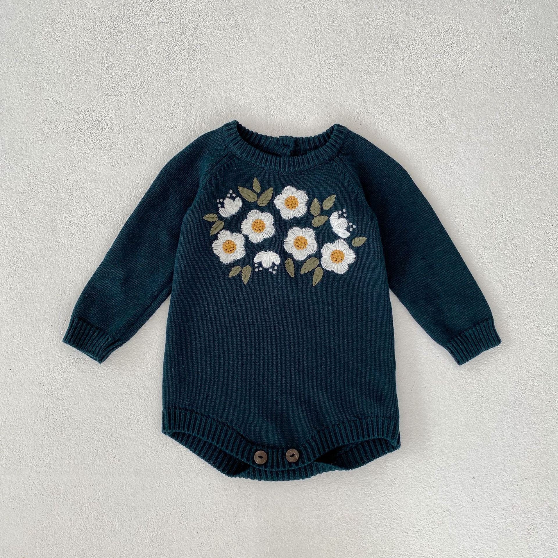 Baby Girl Dark Green Embroidered Long Sleeve Romper Bodysuit