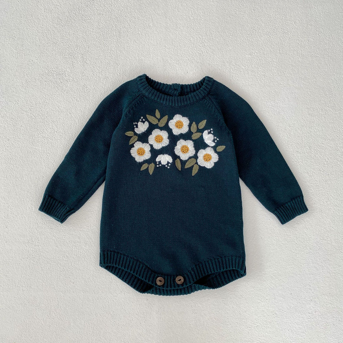 Baby Girl Dark Green Embroidered Long Sleeve Romper Bodysuit
