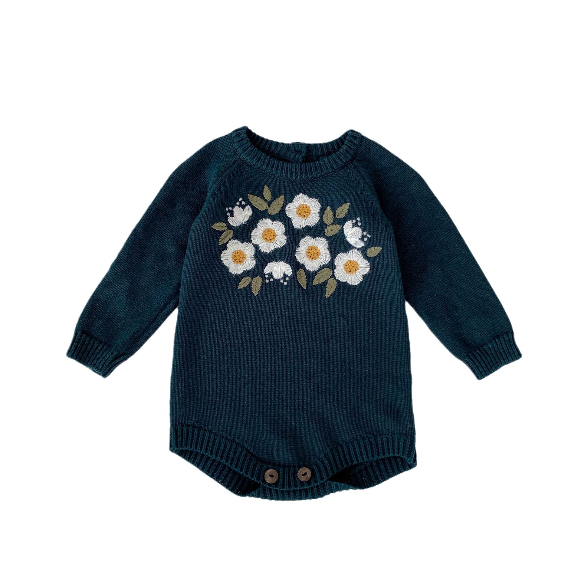 Baby Girl Dark Green Embroidered Long Sleeve Romper Bodysuit