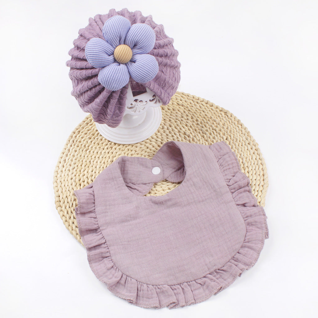 Newborn Muslin Baby Hat And Drool Bib Set With Frill Trim