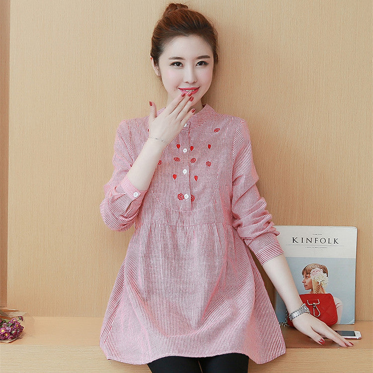 Stand Collar Striped Embroidered Maternity Top Dress