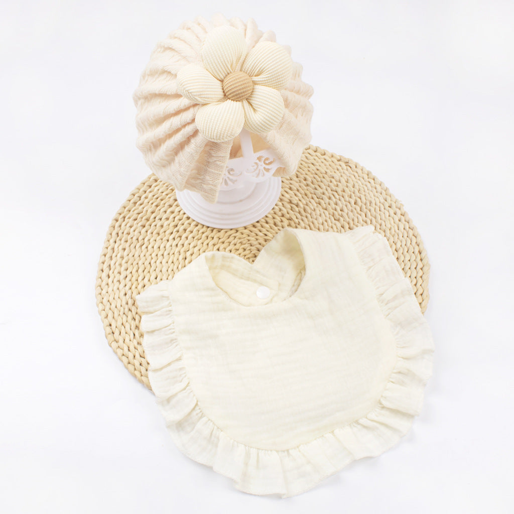 Newborn Muslin Baby Hat And Drool Bib Set With Frill Trim