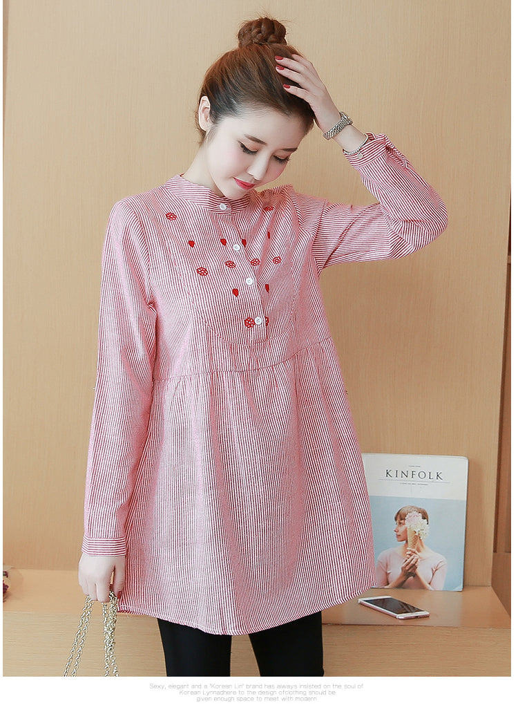 Stand Collar Striped Embroidered Maternity Top Dress